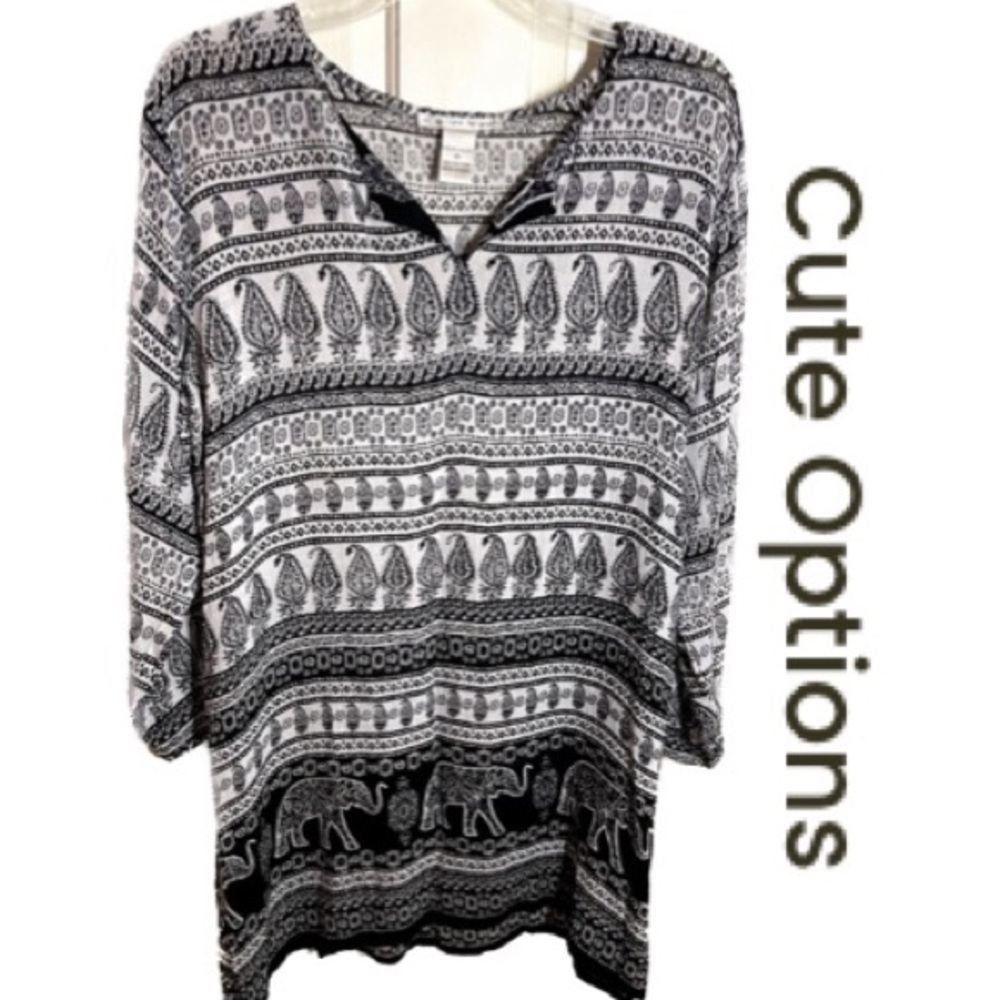 CUTE OPTIONS Black & White Elephant Paisley Boho Print Slit Neck Dress Size M